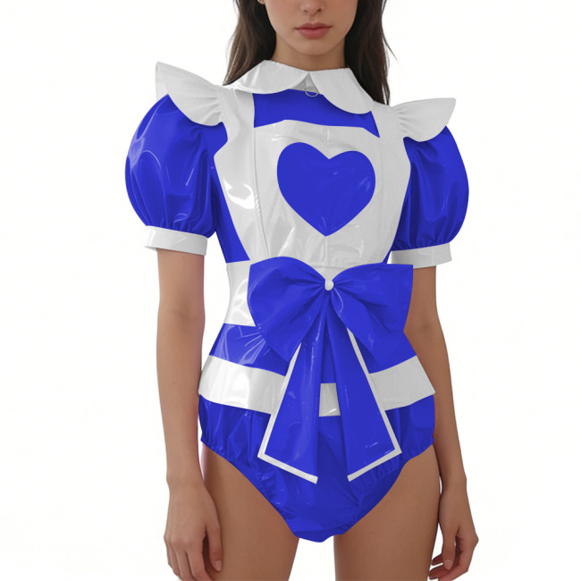 Women's Sissy Shiny PVC Maid Bodysuit with Apron Puff Short Sleeve Bow French Maid Rompers Halloween Themed Party Cosplay Outfit