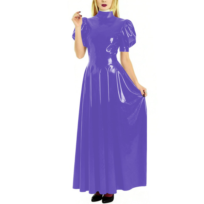Fashion High Neck Puff Short Sleeve A-Line Dress for Womens Cocktail Party PVC Shiny Floor Length Dress Wetlook Robe Plus Size