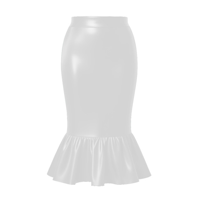 Women's Matte PU Leather Midi Mermaid Skirt Plus Size High Waist Ruffle Hem Bodycon Fishtail Skirt for Party Club Costume Bottom