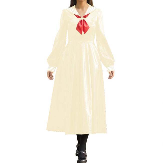 Wetlook PVC Long Pleated Sailor Dress Long Puff Sleeve Bow Navy Collar A-Line Midi Dress for Halloween Party Role Play Outfit