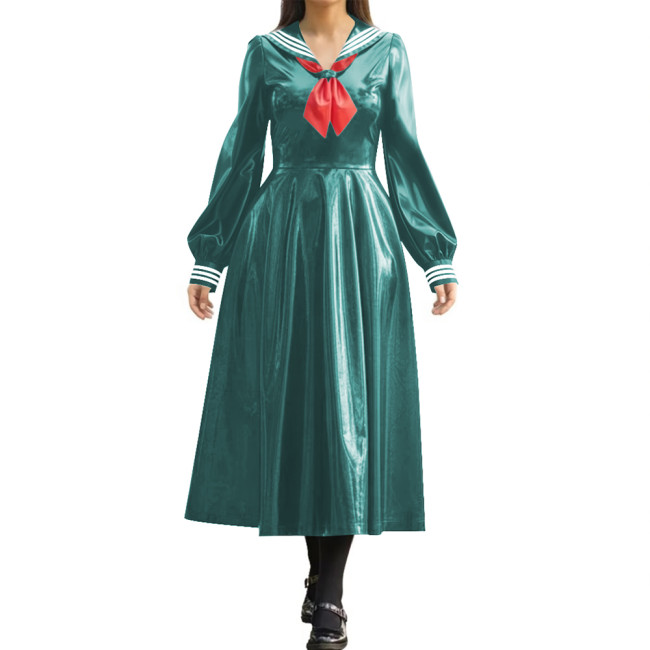 Wetlook PVC Long Pleated Sailor Dress Long Puff Sleeve Bow Navy Collar A-Line Midi Dress for Halloween Party Role Play Outfit