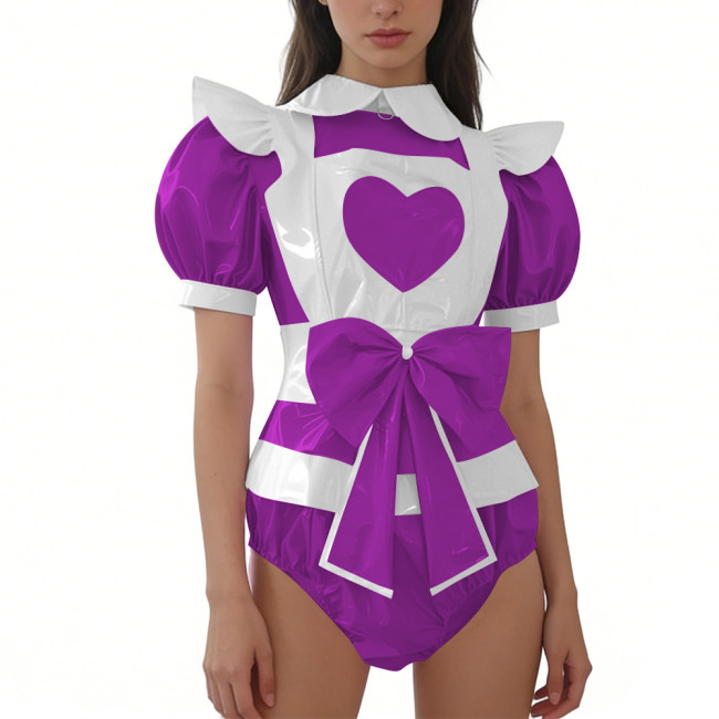 Women's Sissy Shiny PVC Maid Bodysuit with Apron Puff Short Sleeve Bow French Maid Rompers Halloween Themed Party Cosplay Outfit