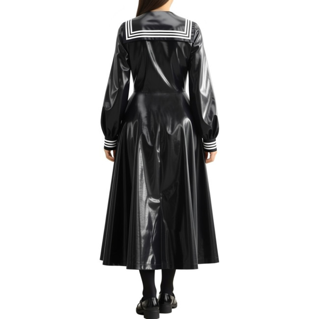 Wetlook PVC Long Pleated Sailor Dress Long Puff Sleeve Bow Navy Collar A-Line Midi Dress for Halloween Party Role Play Outfit