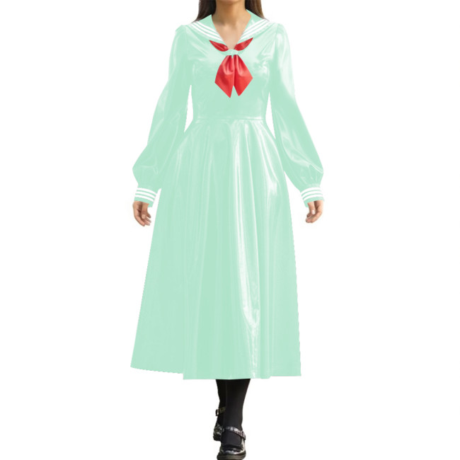 Wetlook PVC Long Pleated Sailor Dress Long Puff Sleeve Bow Navy Collar A-Line Midi Dress for Halloween Party Role Play Outfit