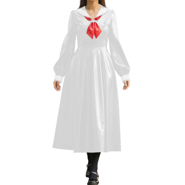 Wetlook PVC Long Pleated Sailor Dress Long Puff Sleeve Bow Navy Collar A-Line Midi Dress for Halloween Party Role Play Outfit