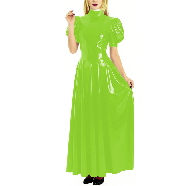 Fashion High Neck Puff Short Sleeve A-Line Dress for Womens Cocktail Party PVC Shiny Floor Length Dress Wetlook Robe Plus Size