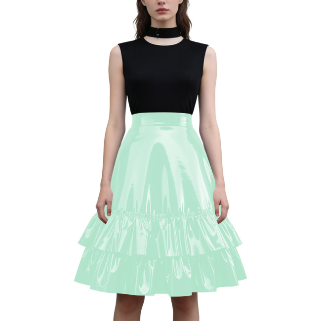 Viny PVC Leather High Waist Ruffle Tiered Skirt Womens Party Fashion Streetwear Glossy Solid Knee-length Flared Skirts Plus Size