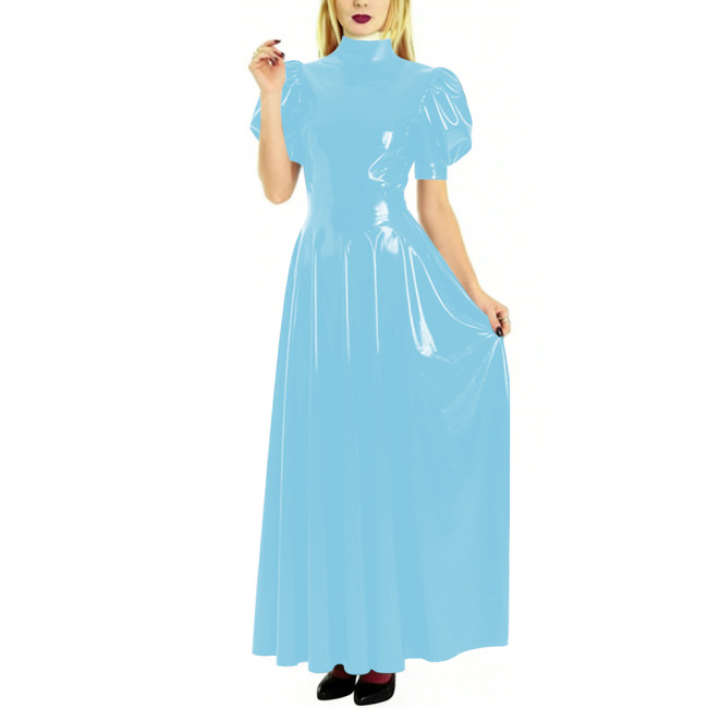 Fashion High Neck Puff Short Sleeve A-Line Dress for Womens Cocktail Party PVC Shiny Floor Length Dress Wetlook Robe Plus Size