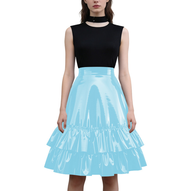 Viny PVC Leather High Waist Ruffle Tiered Skirt Womens Party Fashion Streetwear Glossy Solid Knee-length Flared Skirts Plus Size