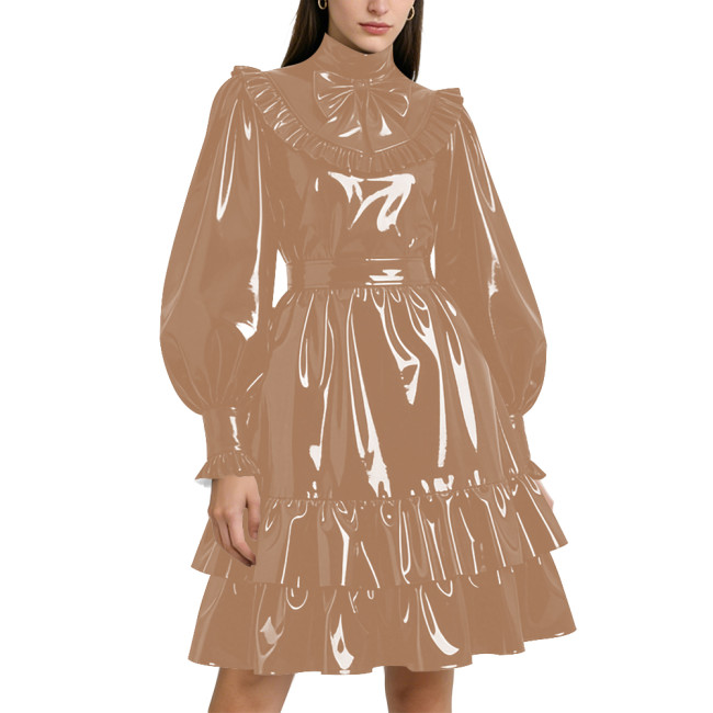 Shiny PVC Leather Formal A-line Dress Lockable Puff Long Sleeves Ruffle Pleated Knee-length Dress Party Retro Wetlook Prom Gown