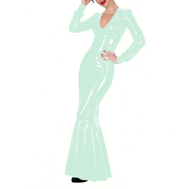 Shiny Vinyl PVC Floor-Length Fishtail Dress Womens Sexy V-neck Tight Mermaid Dress for Evening Parties Elegant Formal Long Robe