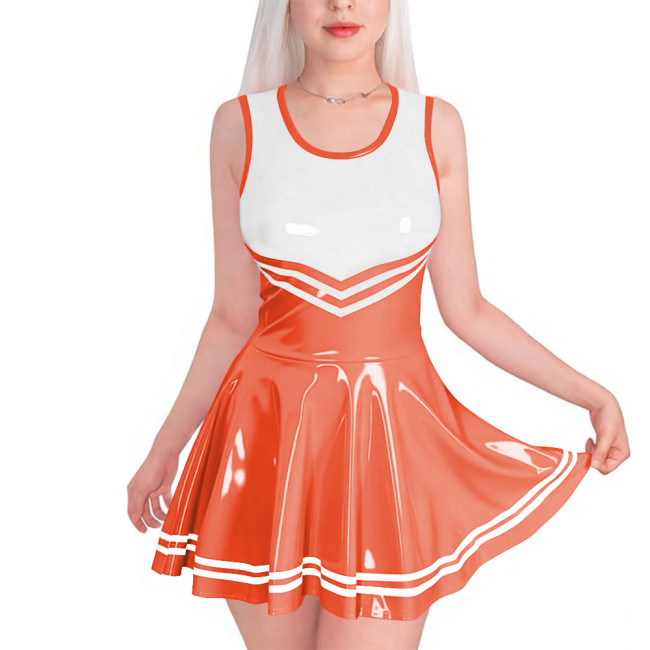 Sissy Club PVC Shiny Leather Mini Dress Sexy Sleeveless Patchwork A-line Dress with Striped Trim Vinyl Party Cosplay Short Gown