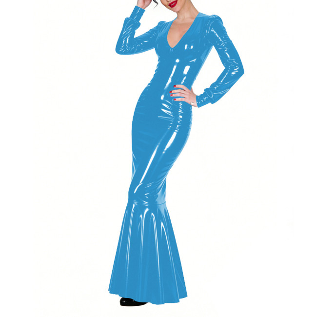 Shiny Vinyl PVC Floor-Length Fishtail Dress Womens Sexy V-neck Tight Mermaid Dress for Evening Parties Elegant Formal Long Robe