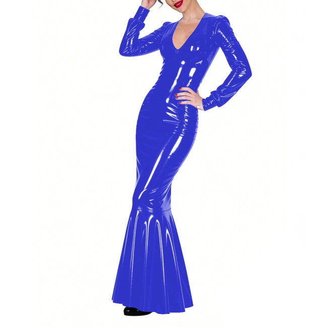 Shiny Vinyl PVC Floor-Length Fishtail Dress Womens Sexy V-neck Tight Mermaid Dress for Evening Parties Elegant Formal Long Robe