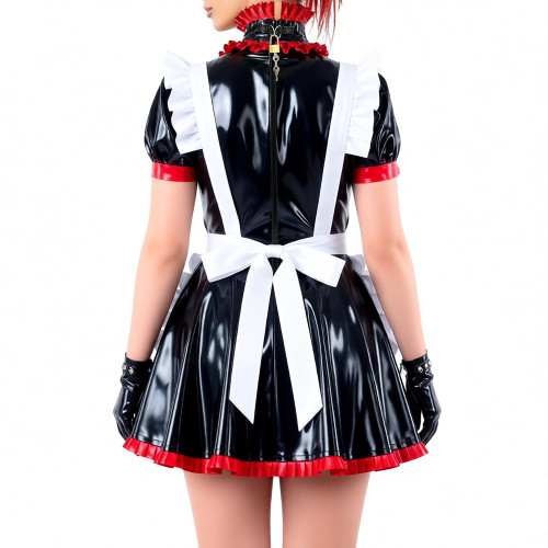 Sissy Lockable Shiny PVC Maid Uniforms French Style Ruffle Trim Hollow Mini Dress with Apron Halloween Party Role Play Outfit
