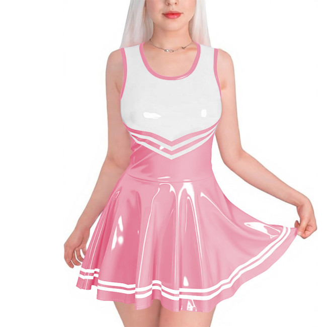 Sissy Club PVC Shiny Leather Mini Dress Sexy Sleeveless Patchwork A-line Dress with Striped Trim Vinyl Party Cosplay Short Gown