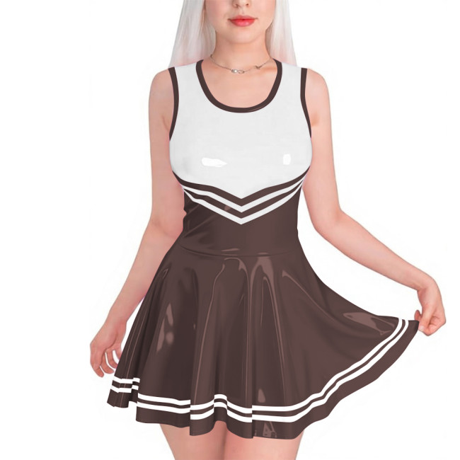 Sissy Club PVC Shiny Leather Mini Dress Sexy Sleeveless Patchwork A-line Dress with Striped Trim Vinyl Party Cosplay Short Gown