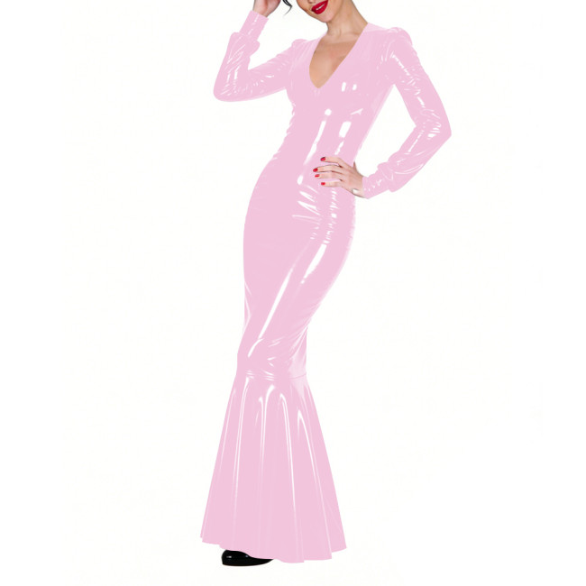 Shiny Vinyl PVC Floor-Length Fishtail Dress Womens Sexy V-neck Tight Mermaid Dress for Evening Parties Elegant Formal Long Robe