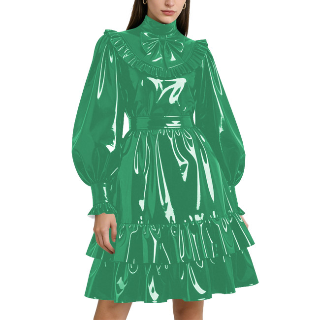 Shiny PVC Leather Formal A-line Dress Lockable Puff Long Sleeves Ruffle Pleated Knee-length Dress Party Retro Wetlook Prom Gown
