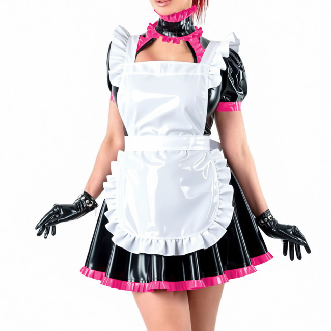Sissy Lockable Shiny PVC Maid Uniforms French Style Ruffle Trim Hollow Mini Dress with Apron Halloween Party Role Play Outfit