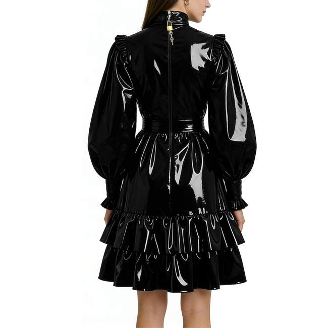 Shiny PVC Leather Formal A-line Dress Lockable Puff Long Sleeves Ruffle Pleated Knee-length Dress Party Retro Wetlook Prom Gown