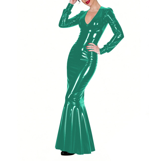 Shiny Vinyl PVC Floor-Length Fishtail Dress Womens Sexy V-neck Tight Mermaid Dress for Evening Parties Elegant Formal Long Robe