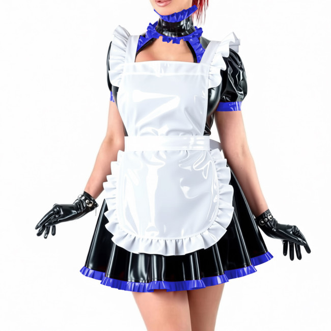 Sissy Lockable Shiny PVC Maid Uniforms French Style Ruffle Trim Hollow Mini Dress with Apron Halloween Party Role Play Outfit