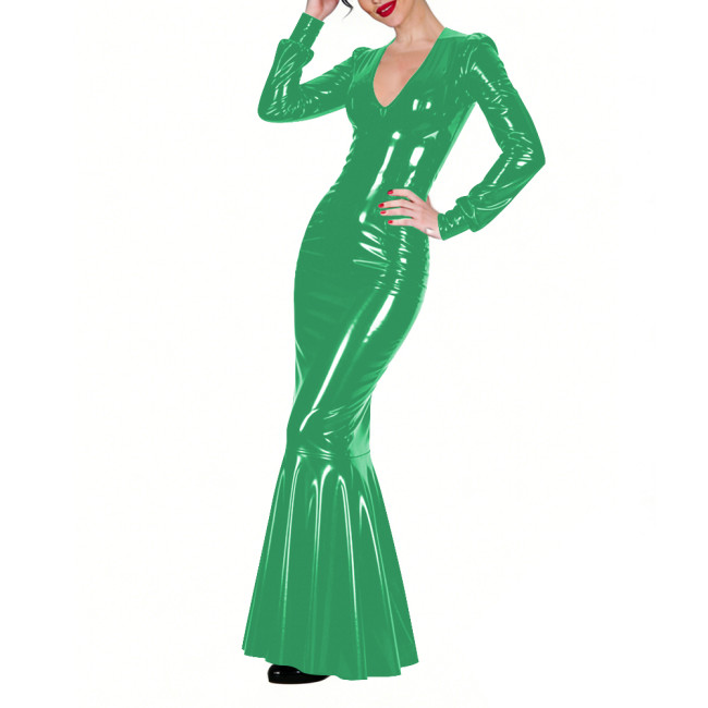Shiny Vinyl PVC Floor-Length Fishtail Dress Womens Sexy V-neck Tight Mermaid Dress for Evening Parties Elegant Formal Long Robe