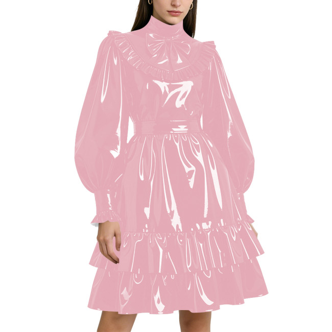 Shiny PVC Leather Formal A-line Dress Lockable Puff Long Sleeves Ruffle Pleated Knee-length Dress Party Retro Wetlook Prom Gown