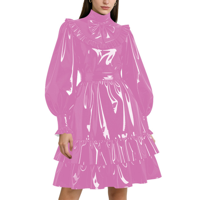 Shiny PVC Leather Formal A-line Dress Lockable Puff Long Sleeves Ruffle Pleated Knee-length Dress Party Retro Wetlook Prom Gown