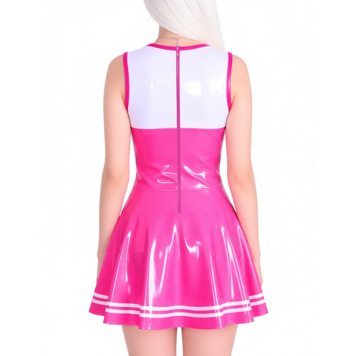 Sissy Club PVC Shiny Leather Mini Dress Sexy Sleeveless Patchwork A-line Dress with Striped Trim Vinyl Party Cosplay Short Gown