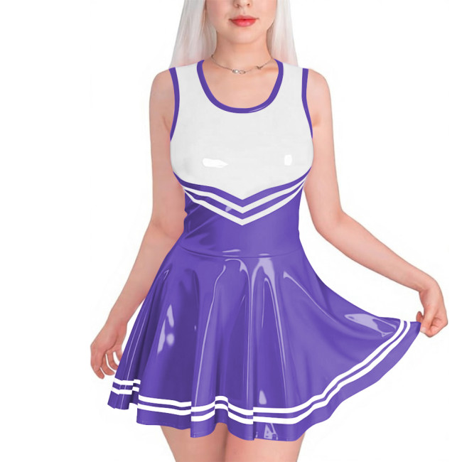 Sissy Club PVC Shiny Leather Mini Dress Sexy Sleeveless Patchwork A-line Dress with Striped Trim Vinyl Party Cosplay Short Gown