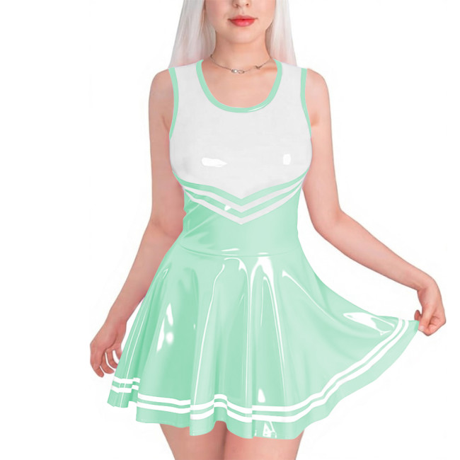Sissy Club PVC Shiny Leather Mini Dress Sexy Sleeveless Patchwork A-line Dress with Striped Trim Vinyl Party Cosplay Short Gown