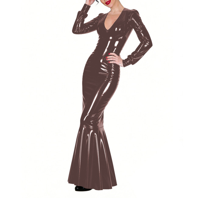 Shiny Vinyl PVC Floor-Length Fishtail Dress Womens Sexy V-neck Tight Mermaid Dress for Evening Parties Elegant Formal Long Robe