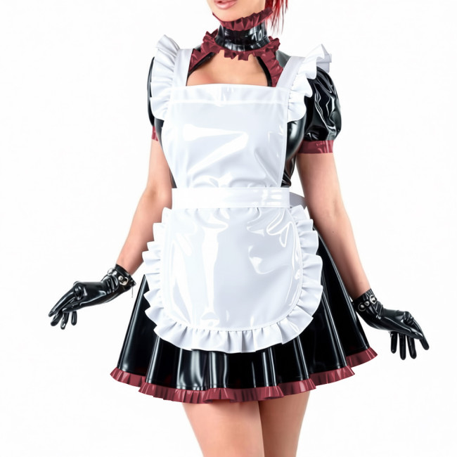 Sissy Lockable Shiny PVC Maid Uniforms French Style Ruffle Trim Hollow Mini Dress with Apron Halloween Party Role Play Outfit