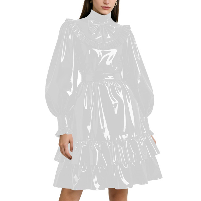 Shiny PVC Leather Formal A-line Dress Lockable Puff Long Sleeves Ruffle Pleated Knee-length Dress Party Retro Wetlook Prom Gown