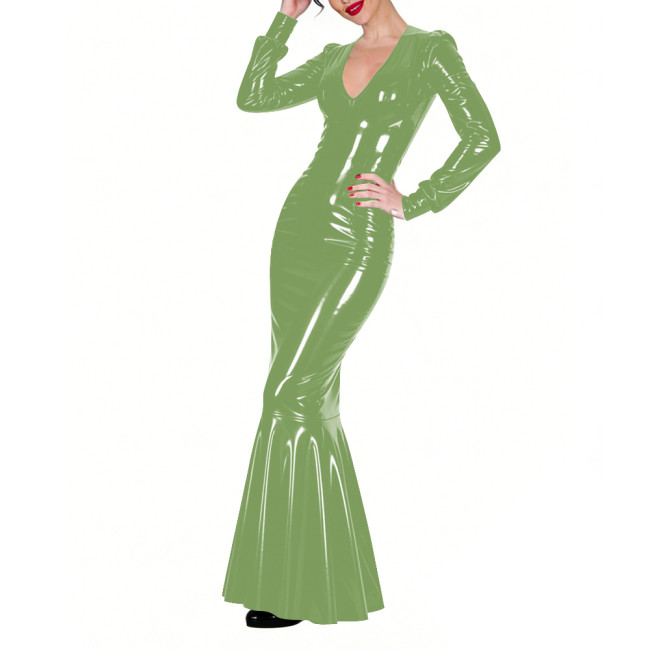 Shiny Vinyl PVC Floor-Length Fishtail Dress Womens Sexy V-neck Tight Mermaid Dress for Evening Parties Elegant Formal Long Robe