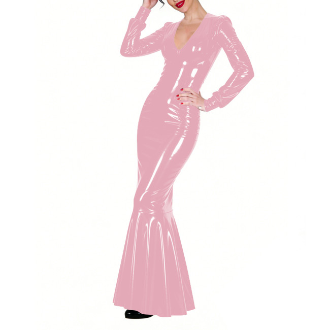 Shiny Vinyl PVC Floor-Length Fishtail Dress Womens Sexy V-neck Tight Mermaid Dress for Evening Parties Elegant Formal Long Robe