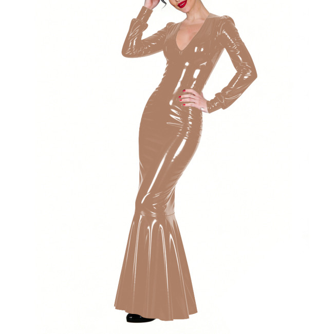 Shiny Vinyl PVC Floor-Length Fishtail Dress Womens Sexy V-neck Tight Mermaid Dress for Evening Parties Elegant Formal Long Robe