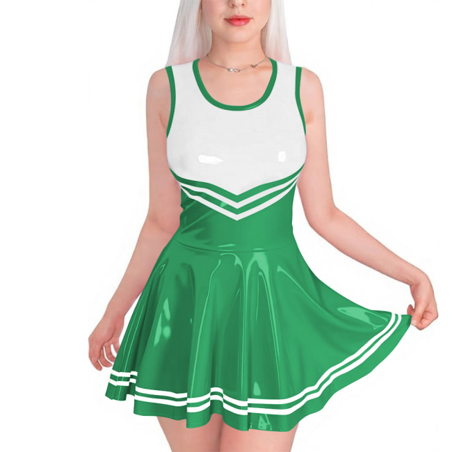 Sissy Club PVC Shiny Leather Mini Dress Sexy Sleeveless Patchwork A-line Dress with Striped Trim Vinyl Party Cosplay Short Gown
