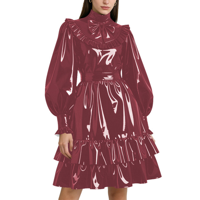 Shiny PVC Leather Formal A-line Dress Lockable Puff Long Sleeves Ruffle Pleated Knee-length Dress Party Retro Wetlook Prom Gown