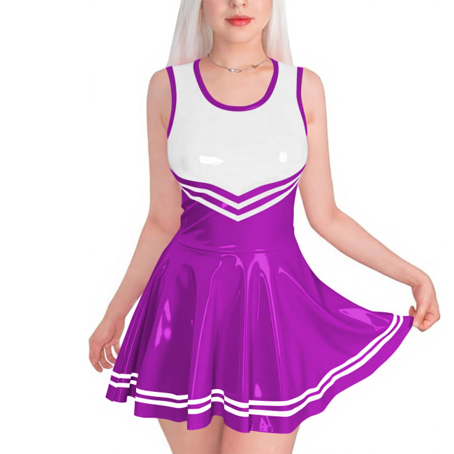 Sissy Club PVC Shiny Leather Mini Dress Sexy Sleeveless Patchwork A-line Dress with Striped Trim Vinyl Party Cosplay Short Gown