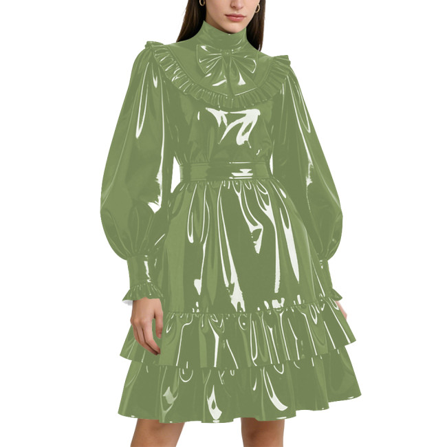 Shiny PVC Leather Formal A-line Dress Lockable Puff Long Sleeves Ruffle Pleated Knee-length Dress Party Retro Wetlook Prom Gown