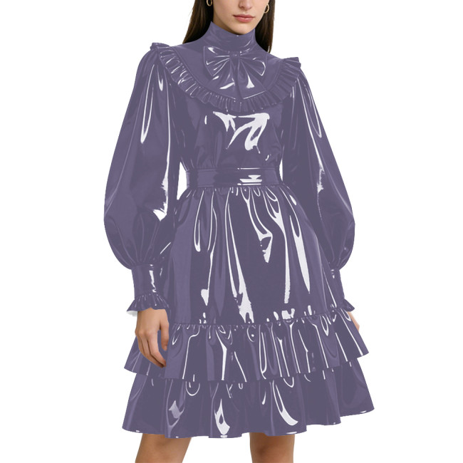 Shiny PVC Leather Formal A-line Dress Lockable Puff Long Sleeves Ruffle Pleated Knee-length Dress Party Retro Wetlook Prom Gown