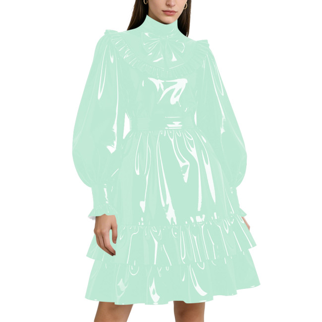 Shiny PVC Leather Formal A-line Dress Lockable Puff Long Sleeves Ruffle Pleated Knee-length Dress Party Retro Wetlook Prom Gown