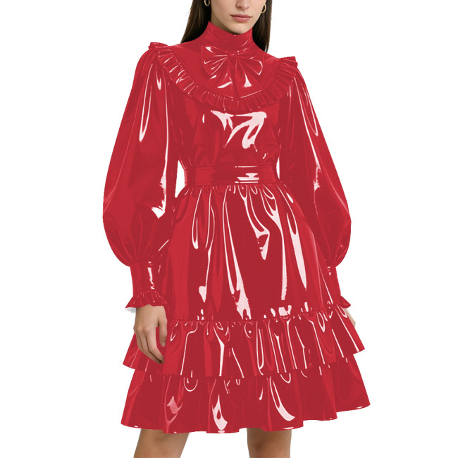 Shiny PVC Leather Formal A-line Dress Lockable Puff Long Sleeves Ruffle Pleated Knee-length Dress Party Retro Wetlook Prom Gown