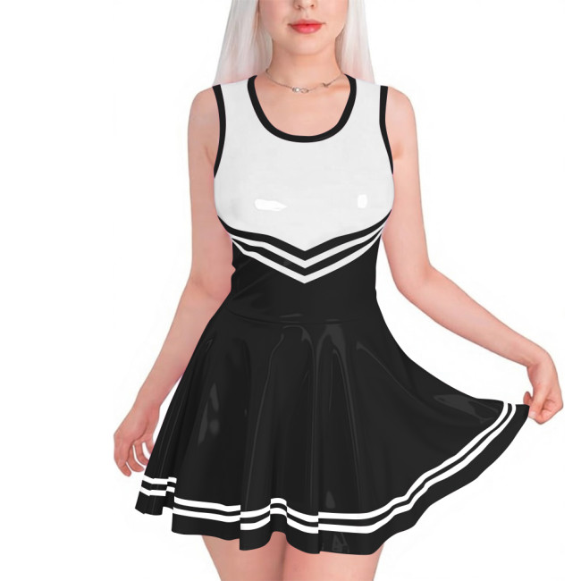 Sissy Club PVC Shiny Leather Mini Dress Sexy Sleeveless Patchwork A-line Dress with Striped Trim Vinyl Party Cosplay Short Gown
