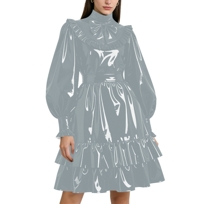 Shiny PVC Leather Formal A-line Dress Lockable Puff Long Sleeves Ruffle Pleated Knee-length Dress Party Retro Wetlook Prom Gown
