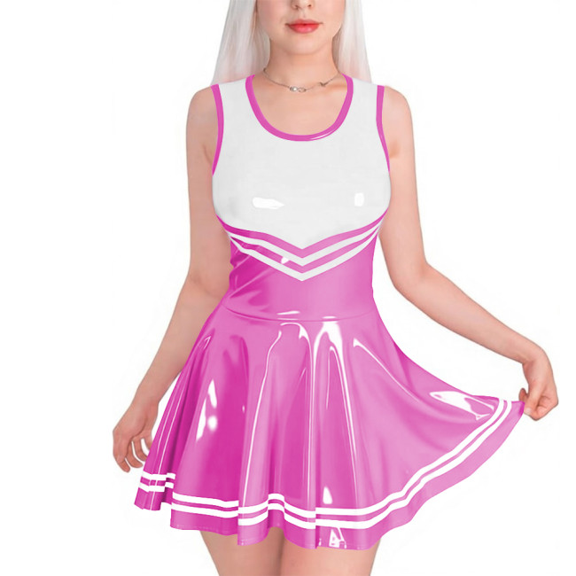 Sissy Club PVC Shiny Leather Mini Dress Sexy Sleeveless Patchwork A-line Dress with Striped Trim Vinyl Party Cosplay Short Gown