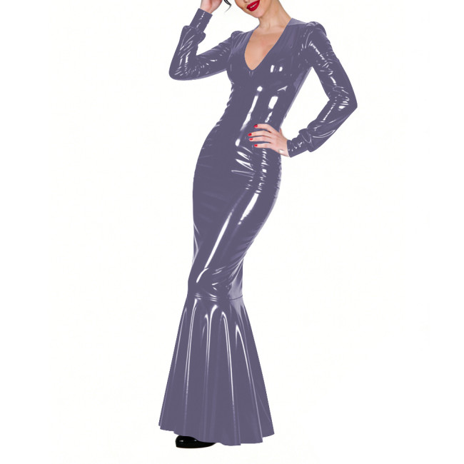 Shiny Vinyl PVC Floor-Length Fishtail Dress Womens Sexy V-neck Tight Mermaid Dress for Evening Parties Elegant Formal Long Robe